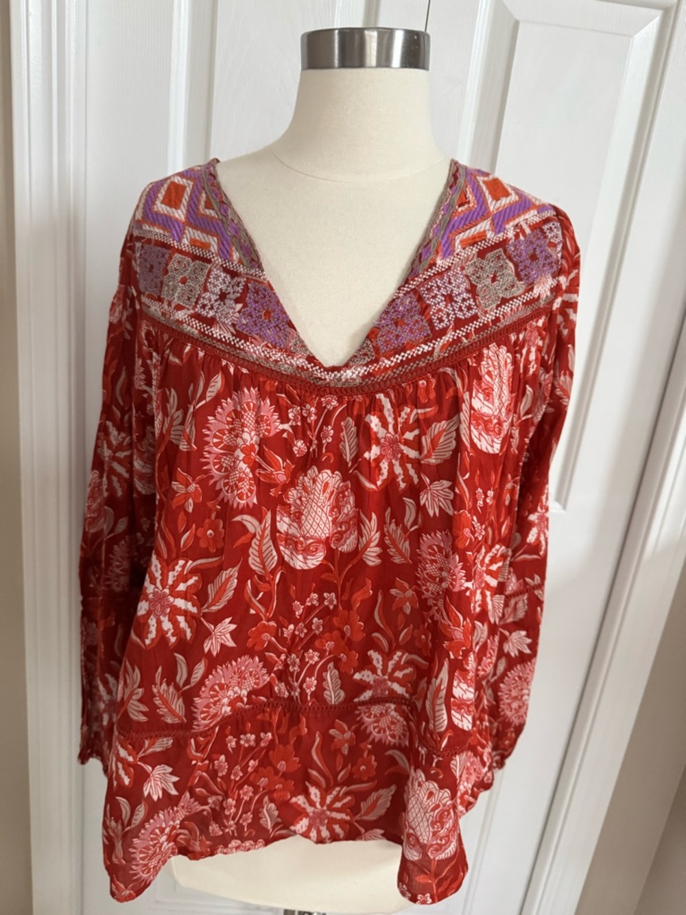 Rachel Zoe Red Floral Embroidered Boho Blouse
